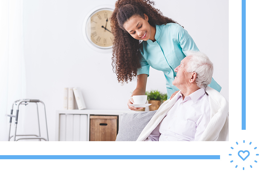 caretaker offering tea to grandfather